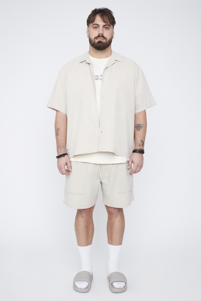 Camisa Manga Corta Negro Líneas Thickems - Tallas Grandes (Beige, 6XL)