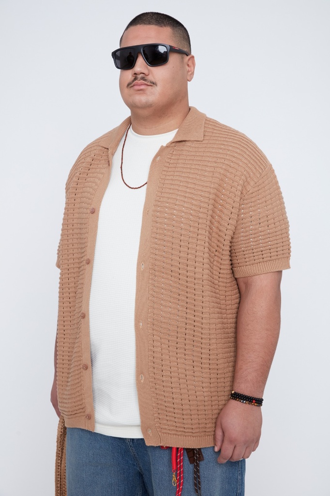 Camisa Manga Corta Tejida Thickems - Tallas Grandes (Beige, 3XL)