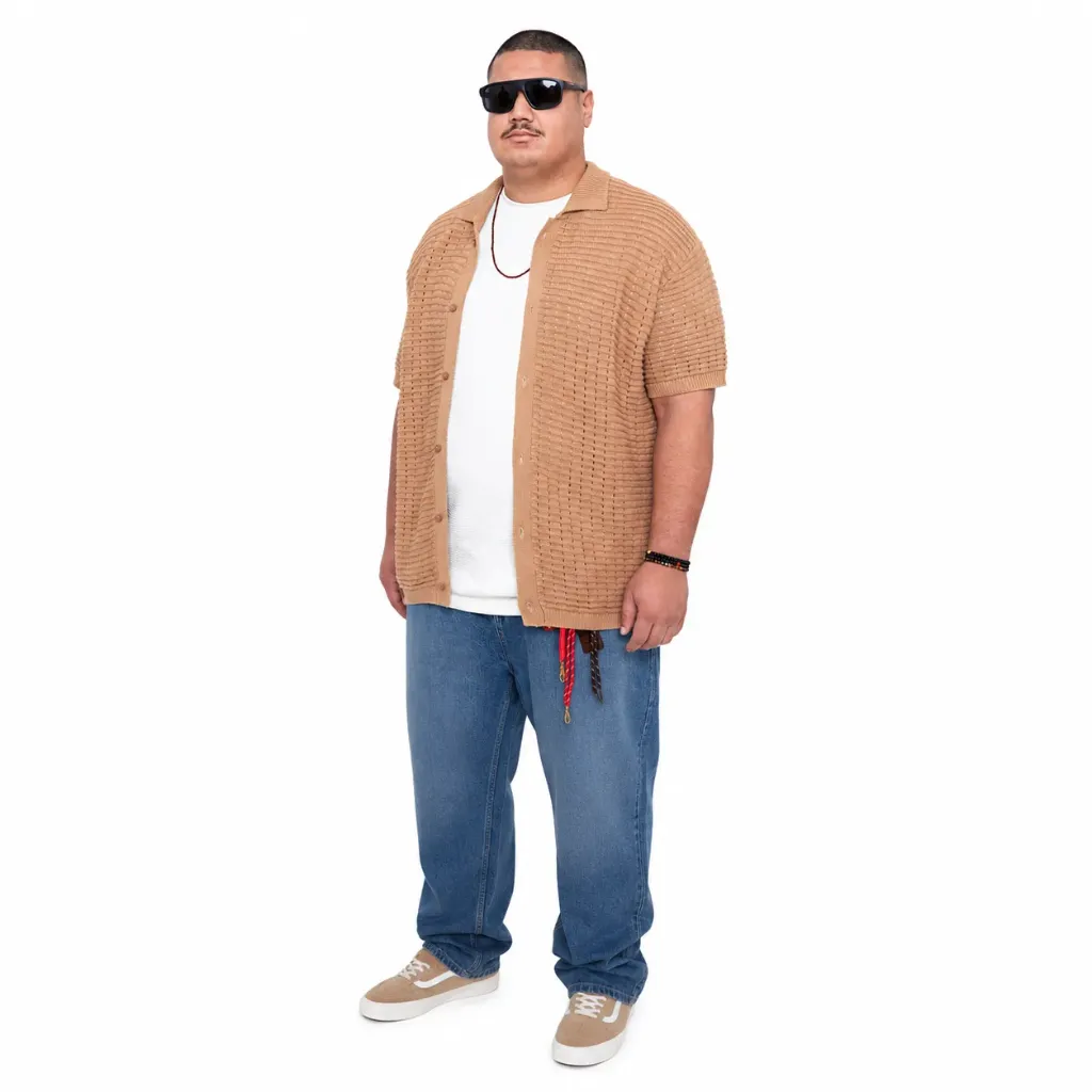 Camisa Manga Corta Tejida Thickems - Tallas Grandes (Beige, 3XL)