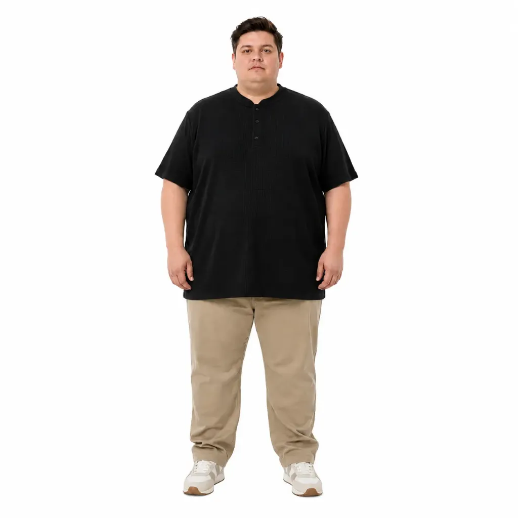 Playera Botones Tela Waffle Mode XL - Tallas Grandes - 20036 (2XL, Negro)