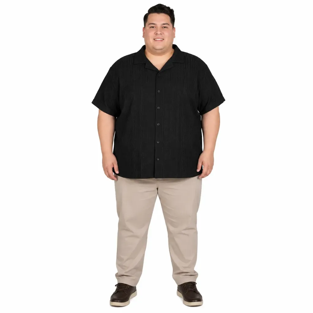 Camisa Manga Corta Texturizada Deluxe Leisure - Tallas Grandes - HK83452X (Negro, 2XL)